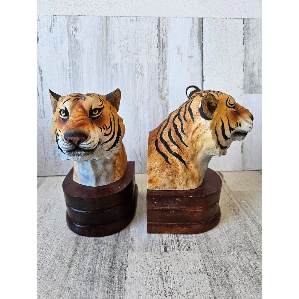 Vintage Andrea lion bookends bisque realistic heads bust cat African decor uniqu